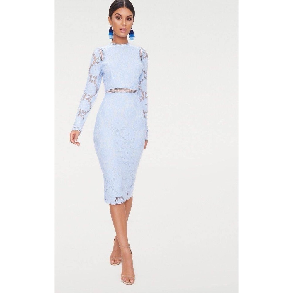 Light Blue Lace Floral Long Sleeve Midi Dress Size 2 Cottage Romantic Soft Girl